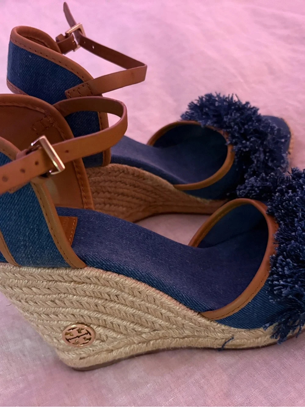 Tory Burch Navy Denim Espadrille Wedge Sandals with Pom Detail